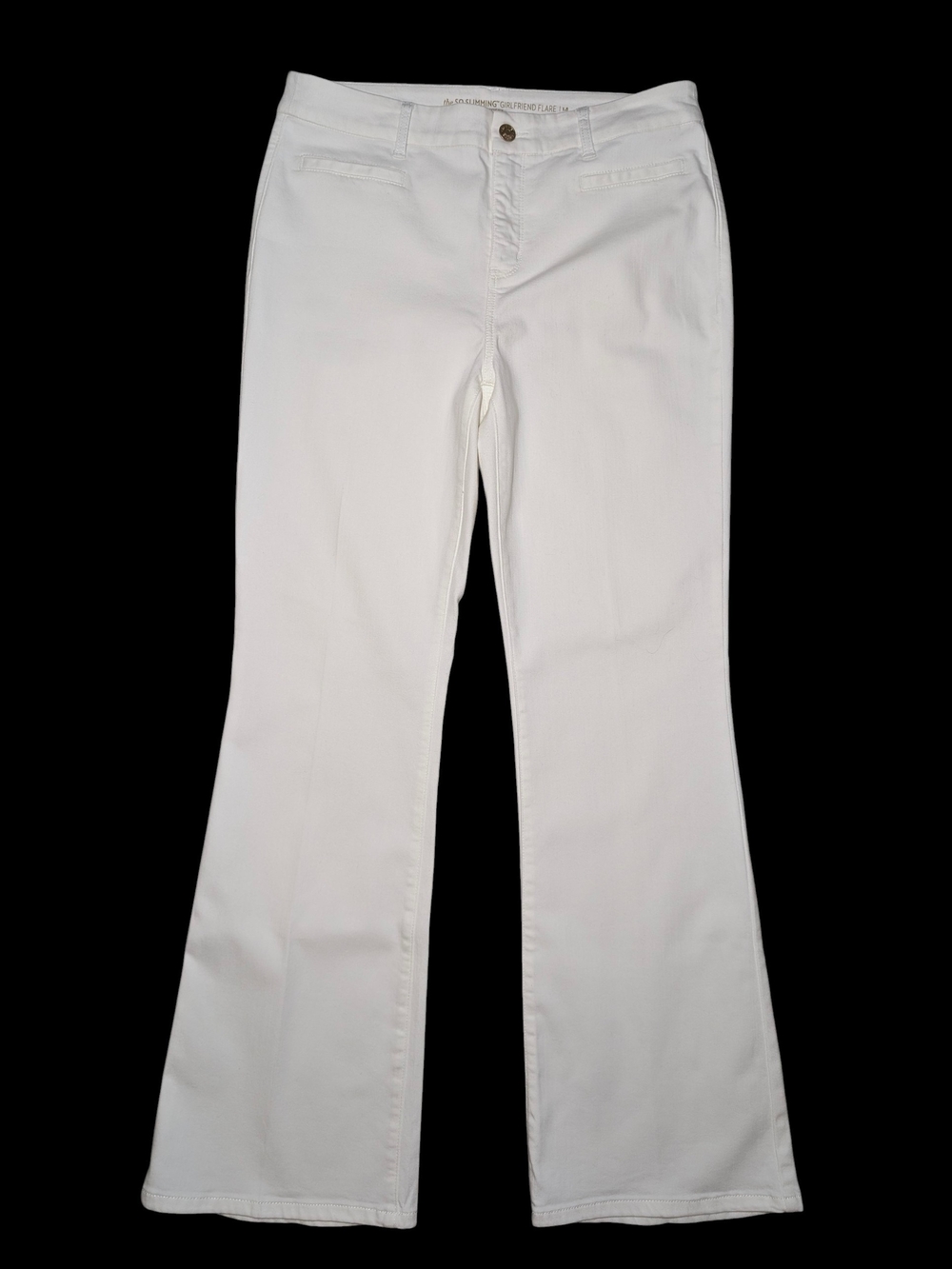 Chico’s SO SLIMMING Girlfriend Stretch Flare White Jeans 1.5R/10 Pleated Classy
